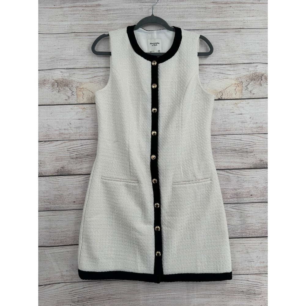 Abercrombie & Fitch Tweed Shift Dress Womens MT White Black Gold Button Mini NEW